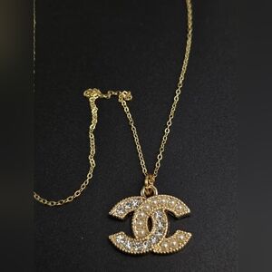 Pearl & Crystal Double-C Chanel Pendant on 18" S925 Gold-Over-Silver Chain